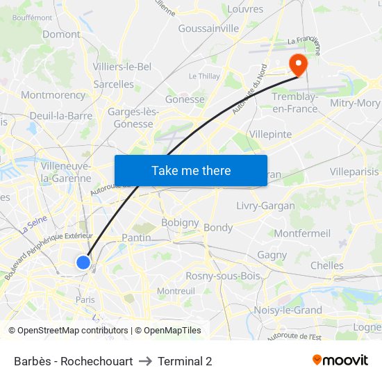 Barbès - Rochechouart to Terminal 2 map