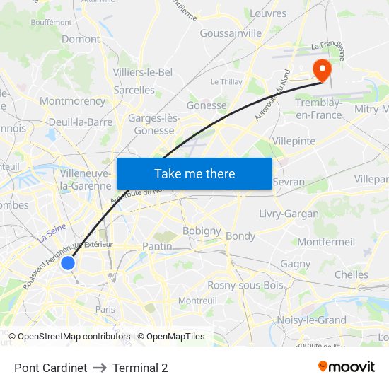 Pont Cardinet to Terminal 2 map