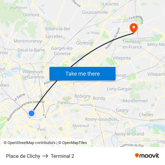 Place de Clichy to Terminal 2 map