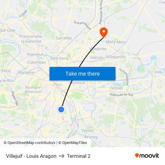 Villejuif - Louis Aragon to Terminal 2 map