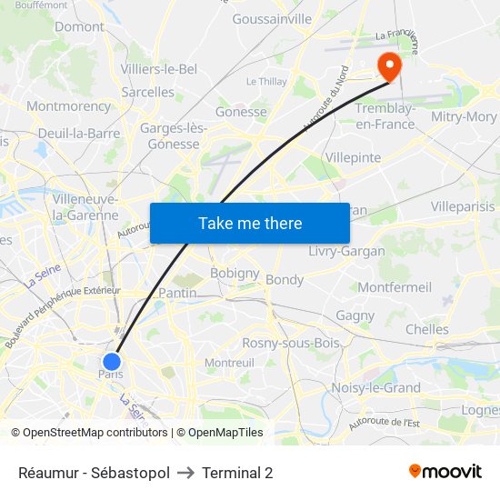 Réaumur - Sébastopol to Terminal 2 map