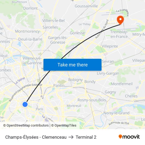 Champs-Élysées - Clemenceau to Terminal 2 map