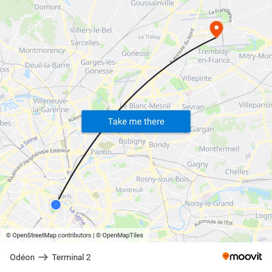 Odéon to Terminal 2 map