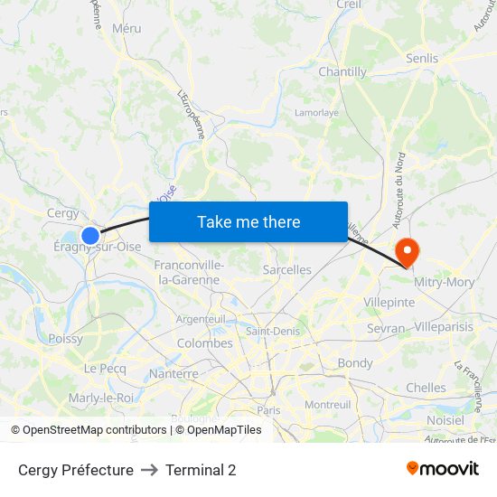 Cergy Préfecture to Terminal 2 map