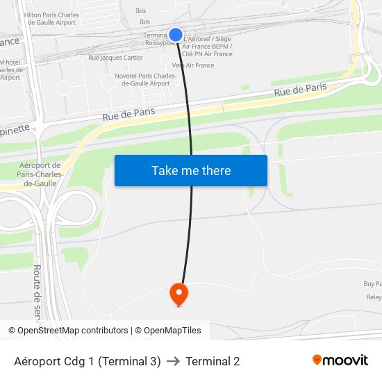 Aéroport Cdg 1 (Terminal 3) to Terminal 2 map