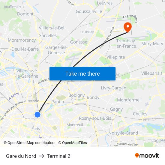 Gare du Nord to Terminal 2 map