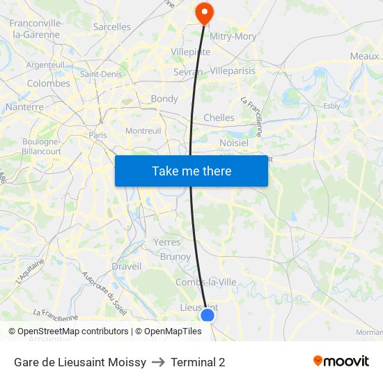 Gare de Lieusaint Moissy to Terminal 2 map