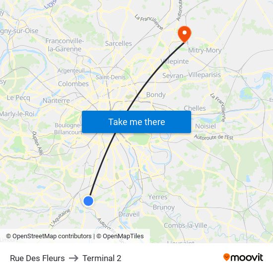 Rue Des Fleurs to Terminal 2 map