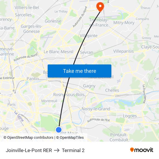 Joinville-Le-Pont RER to Terminal 2 map