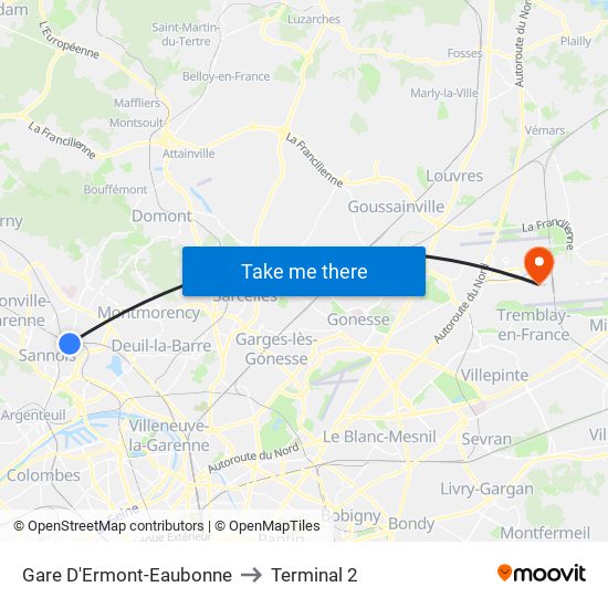Gare D'Ermont-Eaubonne to Terminal 2 map
