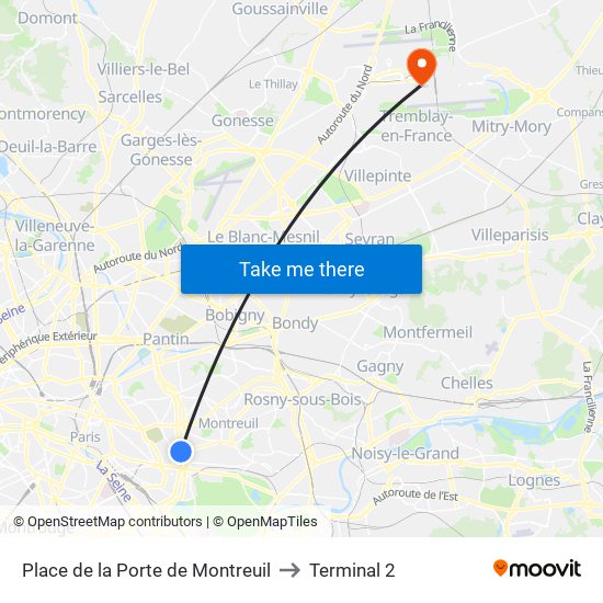 Place de la Porte de Montreuil to Terminal 2 map