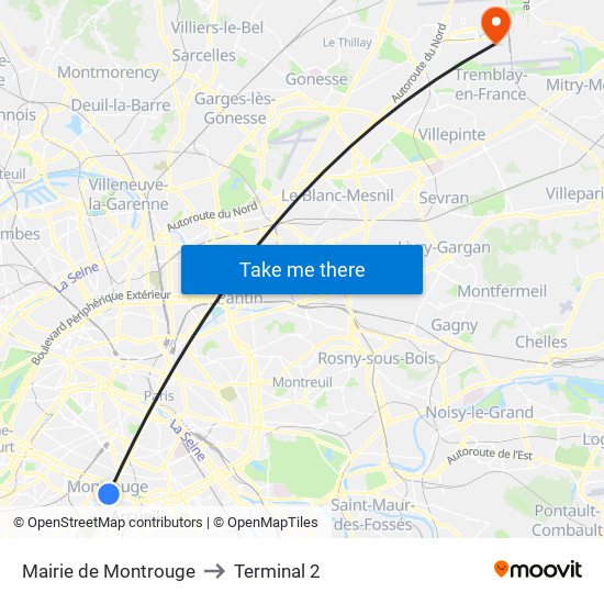 Mairie de Montrouge to Terminal 2 map