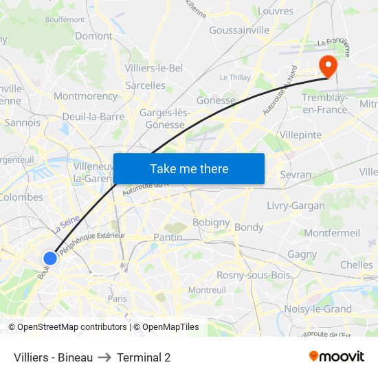 Villiers - Bineau to Terminal 2 map