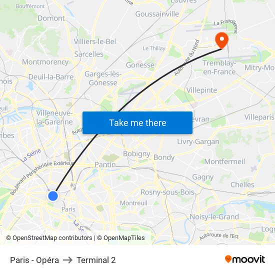 Paris - Opéra to Terminal 2 map