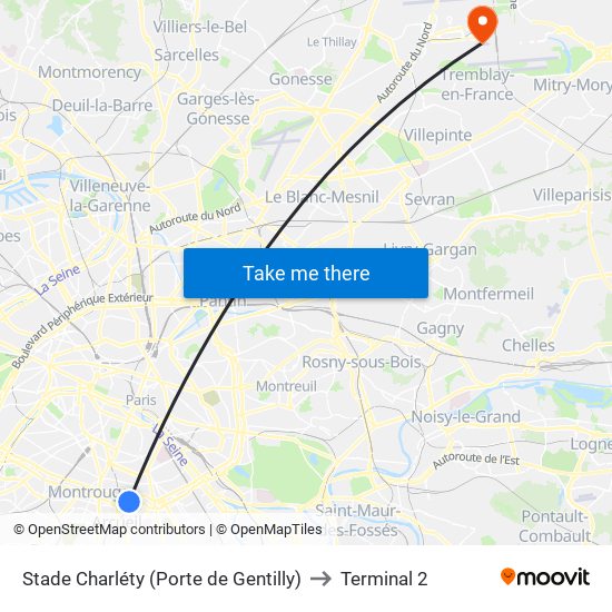 Stade Charléty (Porte de Gentilly) to Terminal 2 map