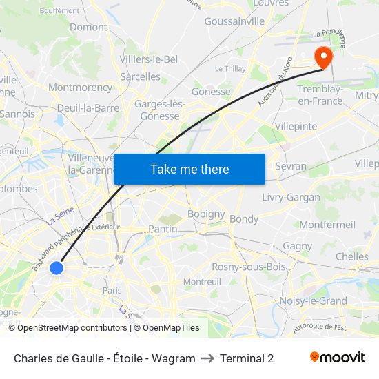 Charles de Gaulle - Étoile - Wagram to Terminal 2 map