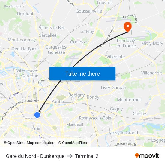 Gare du Nord - Dunkerque to Terminal 2 map