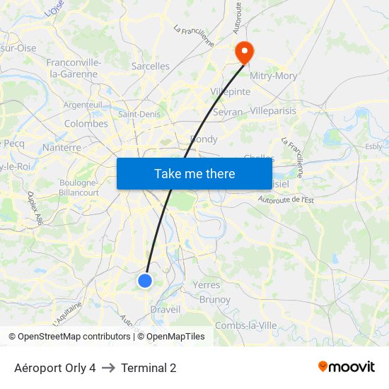 Aéroport Orly 4 to Terminal 2 map