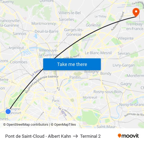 Pont de Saint-Cloud - Albert Kahn to Terminal 2 map