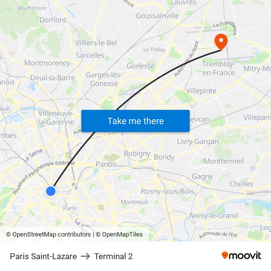 Paris Saint-Lazare to Terminal 2 map