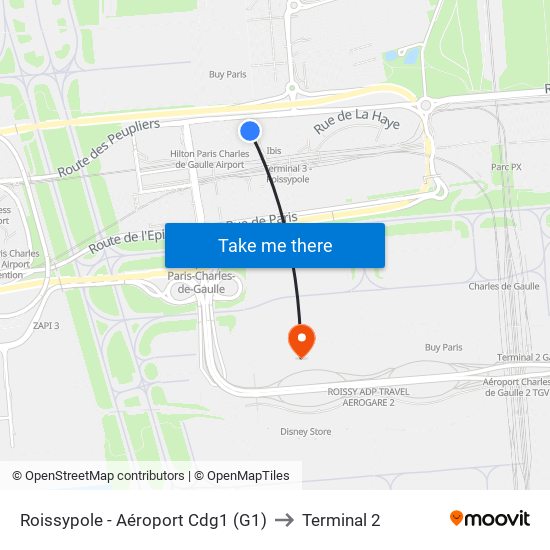 Roissypole - Aéroport Cdg1 (G1) to Terminal 2 map