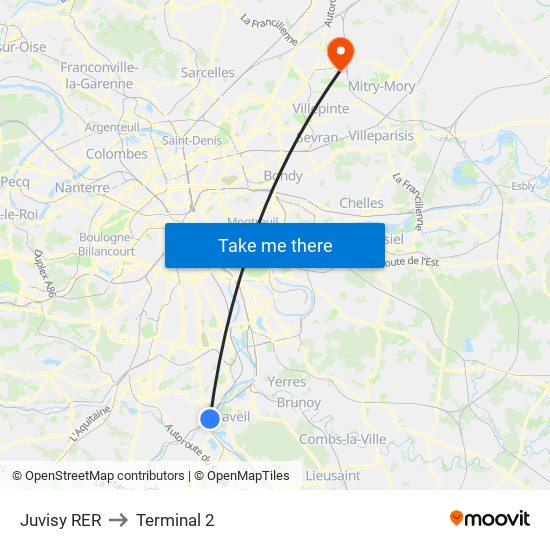 Juvisy RER to Terminal 2 map