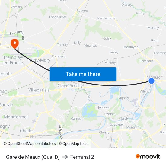 Gare de Meaux (Quai D) to Terminal 2 map