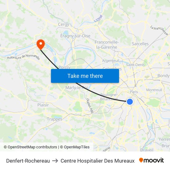 Denfert-Rochereau to Centre Hospitalier Des Mureaux map