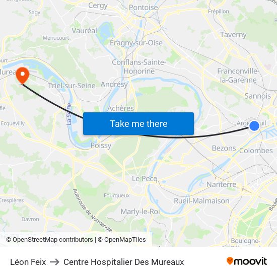 Léon Feix to Centre Hospitalier Des Mureaux map