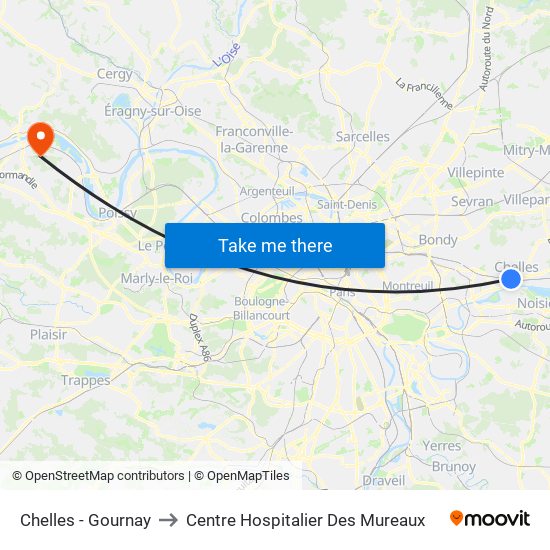 Chelles - Gournay to Centre Hospitalier Des Mureaux map