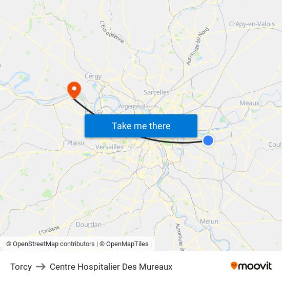 Torcy to Centre Hospitalier Des Mureaux map