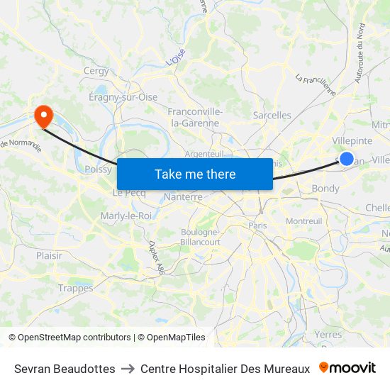 Sevran Beaudottes to Centre Hospitalier Des Mureaux map