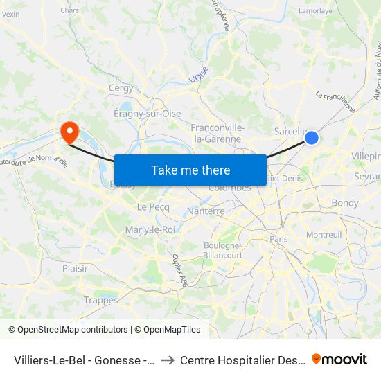 Villiers-Le-Bel - Gonesse - Arnouville to Centre Hospitalier Des Mureaux map