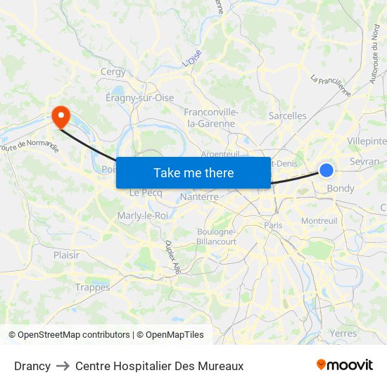 Drancy to Centre Hospitalier Des Mureaux map