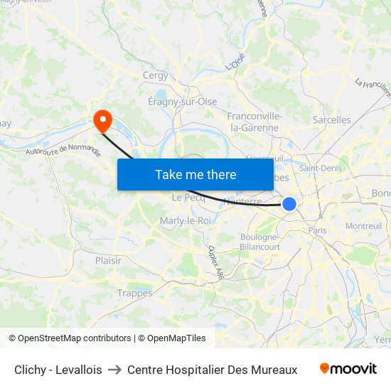 Clichy - Levallois to Centre Hospitalier Des Mureaux map