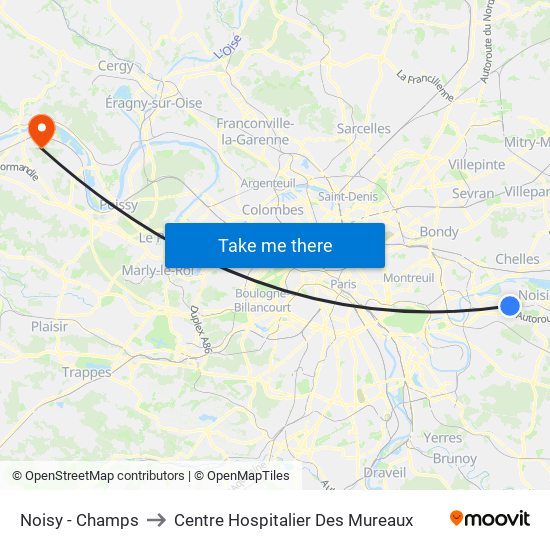 Noisy - Champs to Centre Hospitalier Des Mureaux map