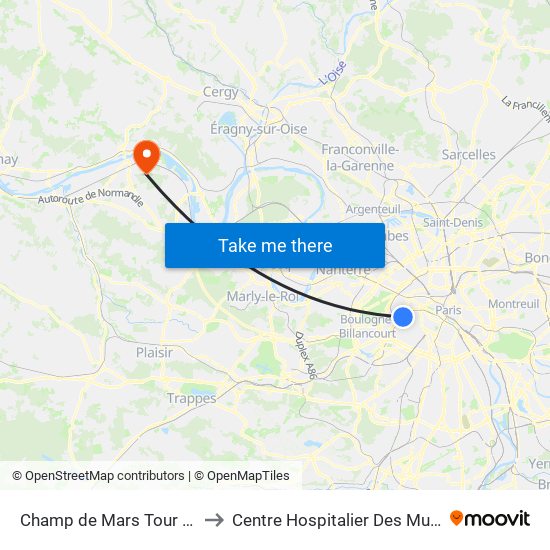 Champ de Mars Tour Eiffel to Centre Hospitalier Des Mureaux map