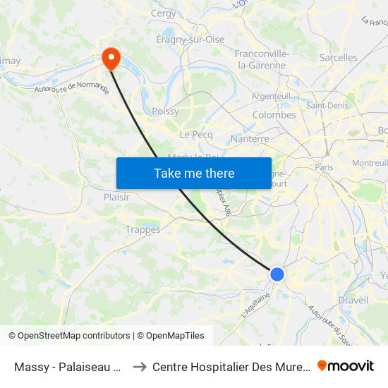 Massy - Palaiseau RER to Centre Hospitalier Des Mureaux map