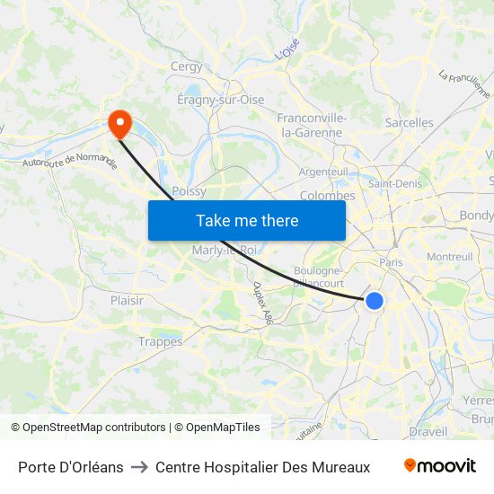 Porte D'Orléans to Centre Hospitalier Des Mureaux map