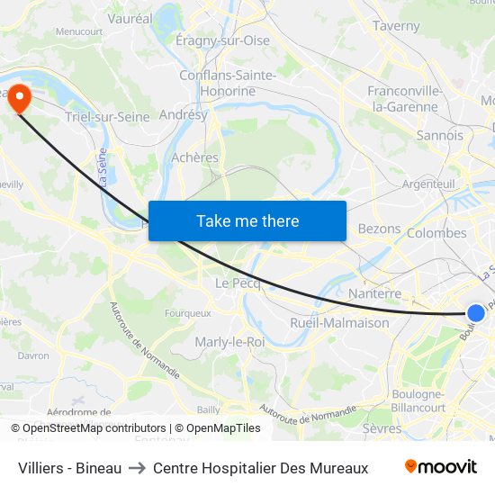 Villiers - Bineau to Centre Hospitalier Des Mureaux map