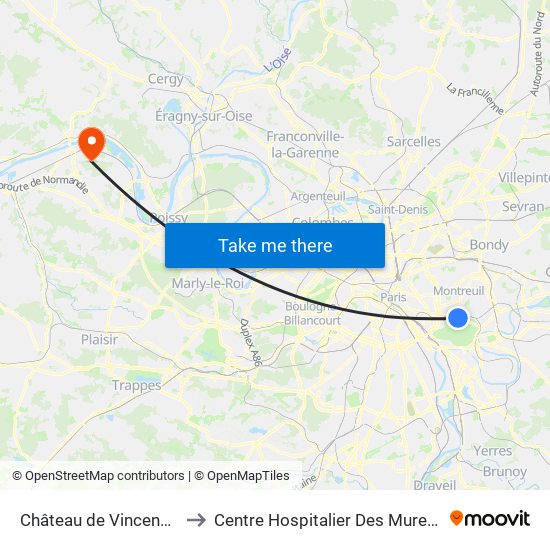 Château de Vincennes to Centre Hospitalier Des Mureaux map