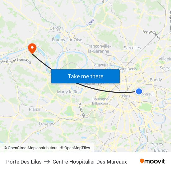 Porte Des Lilas to Centre Hospitalier Des Mureaux map