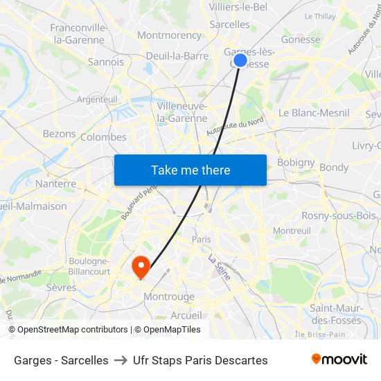 Garges - Sarcelles to Ufr Staps Paris Descartes map
