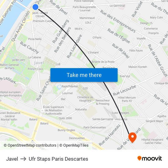 Javel to Ufr Staps Paris Descartes map