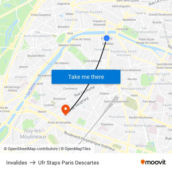 Invalides to Ufr Staps Paris Descartes map