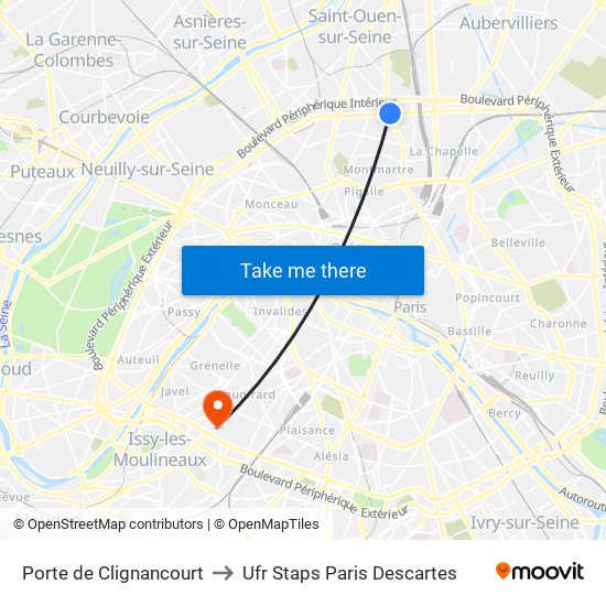 Porte de Clignancourt to Ufr Staps Paris Descartes map