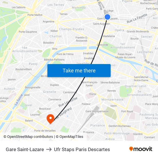 Gare Saint-Lazare to Ufr Staps Paris Descartes map