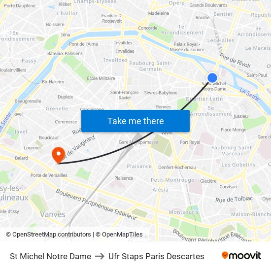 St Michel Notre Dame to Ufr Staps Paris Descartes map