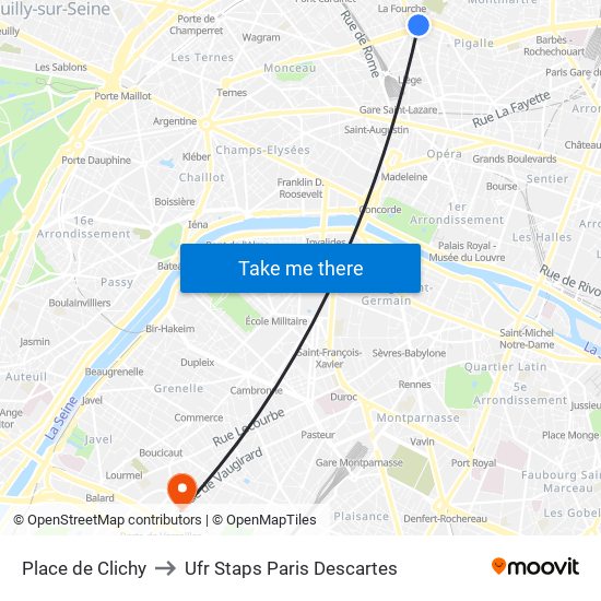 Place de Clichy to Ufr Staps Paris Descartes map
