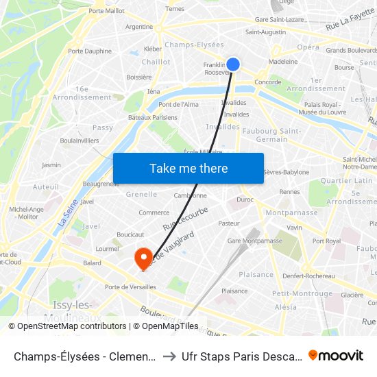 Champs-Élysées - Clemenceau to Ufr Staps Paris Descartes map